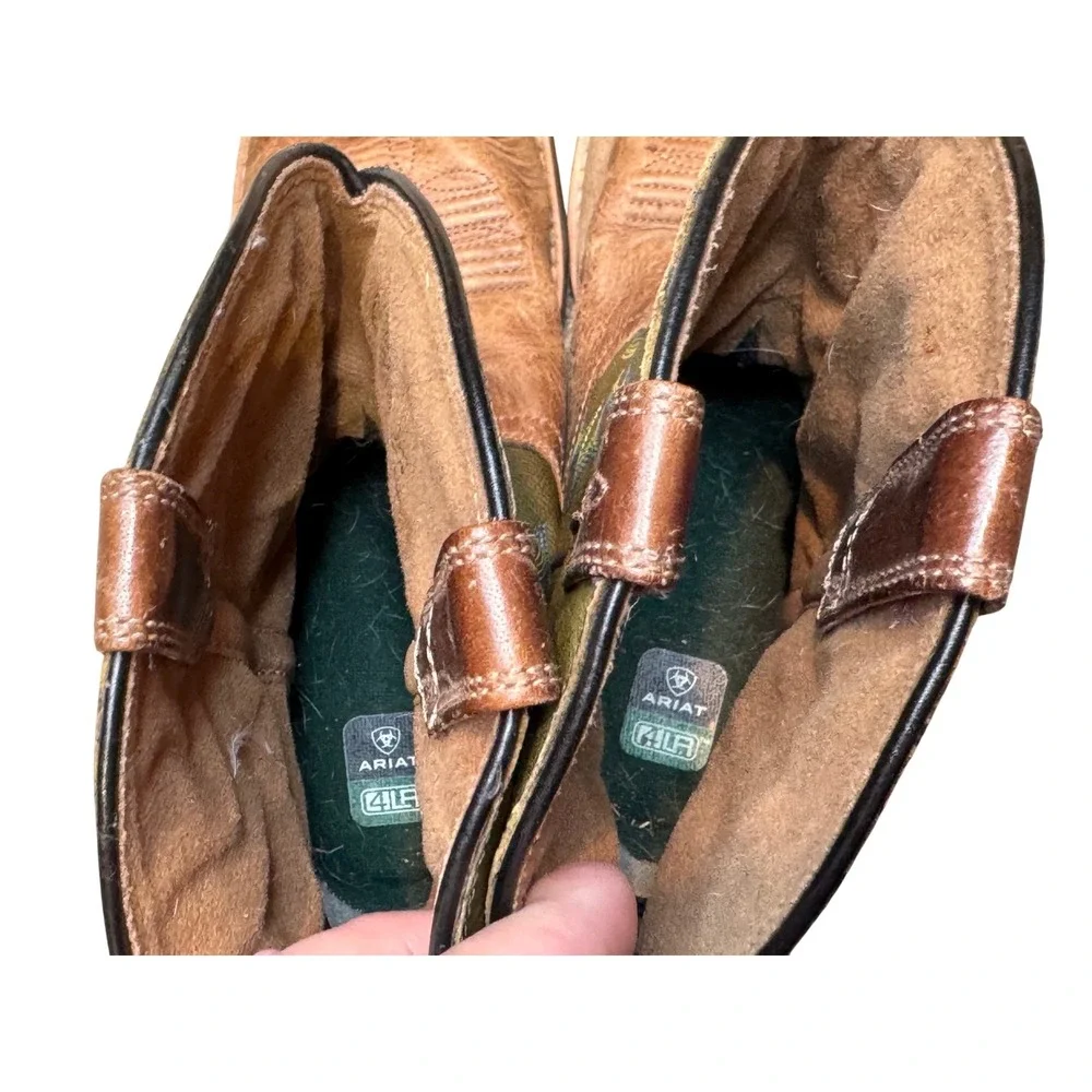 Ariat Kids Square‎ Toe Western Cowboy Boots Brown Green Stitching Pull-On size 4
